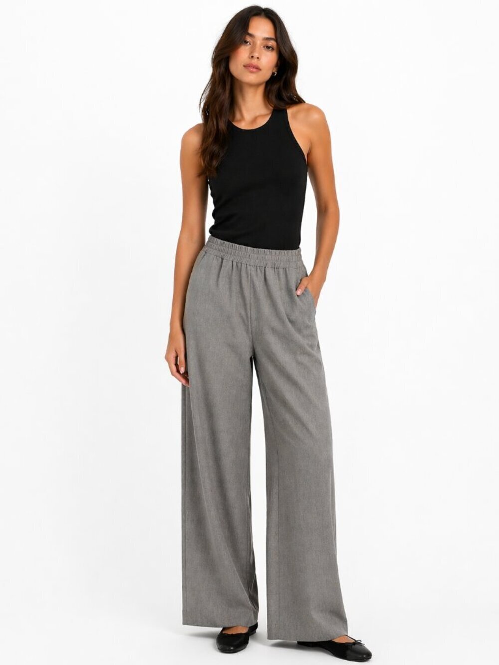 FAVORITE DAUGHTER Wide Leg Trousers Elastic Waist Pockets Grey Size Medium